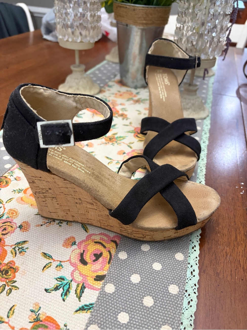 TOMS Black Cork Wedge Sandals with Ankle Strap